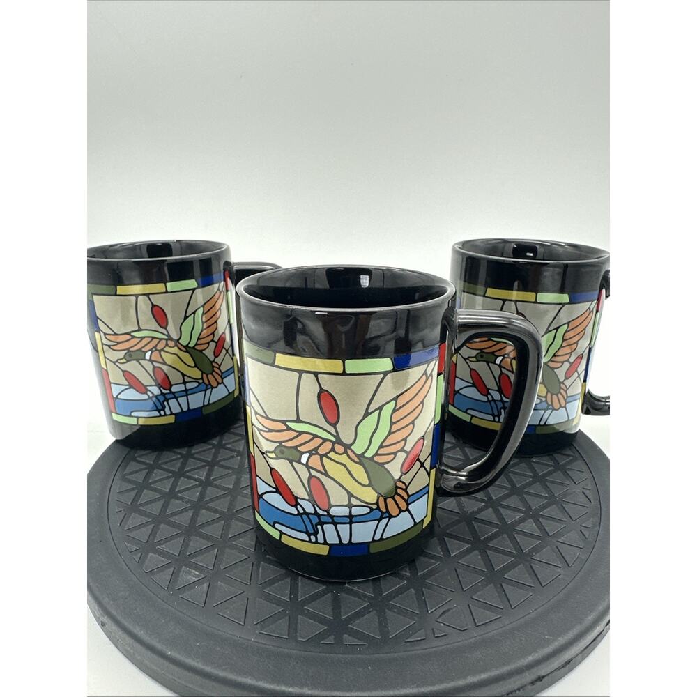 Set Of 3 Otagiri Coffee Tea Black Floral Stained Glass Duck Mug Cup Vtg